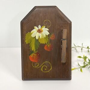 Vintage recipe holder, note holder- Wood hand painted with Daisy & Strawberries